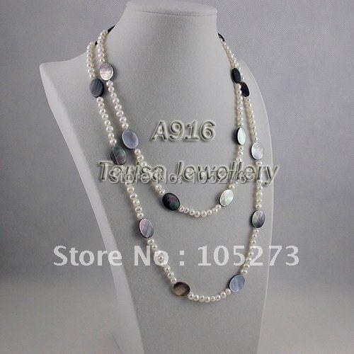 New Free Shipping A916# Grade AA 5-6MM White Pearls Black Shell Long Necklace Natural Shell Fresh Water Pearls Necklace
