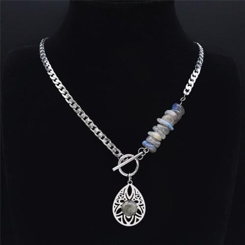 2021 Bohemia Water Drop Stainless Steel Natural Flash Stone Chocker Necklace Silver Color Necklace Jewelry collar NXS04