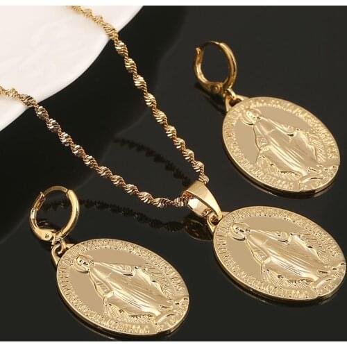 Gold Color Virgin Mary Pendant Necklace Earrings Girl Our Lady Cross Trendy Jewelry Set