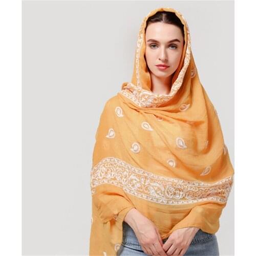 2019 women plain cotton scarf gold embroidery Head hijab wrap solid cover-up shawls foulard femme headband muslim hijabs store