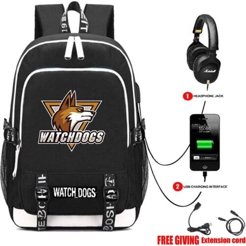 Watch Dogs Game ANIME Book bag Rucksack Student School Bag For Boys Girls Travel Backpack USB Port Mochila Black Backpack