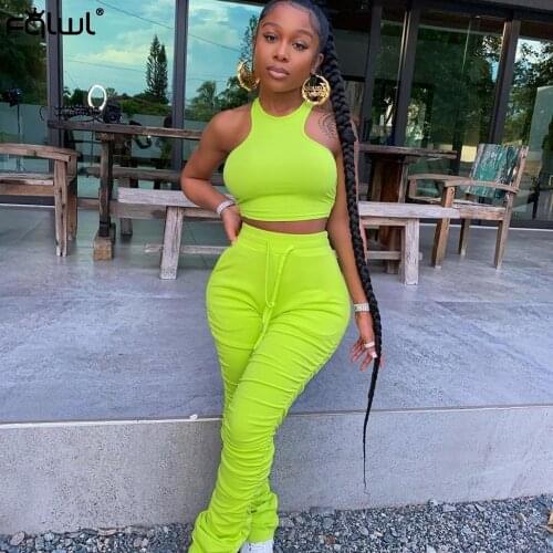 FQLWL Casual Summer Neon 2 Piece Set Women Outfits Elastic Stacked Pants Leggings Crop Top Ladies Tracksuit Women Matching Sets
