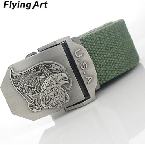 FLYING ART American flag eagle Automatic Smooth Mens belt buckle High-quality thick cotton belt canvas Men and Women Denim Belt
