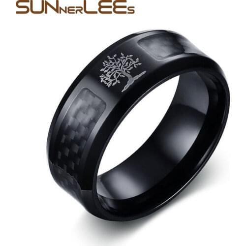 SUNNERLEES Titanium Stainless Steel Rings 8mm Black Carbon Fiber Tree Of Life Laser Pattern Men Boy Ring Jewelry Gift R-279