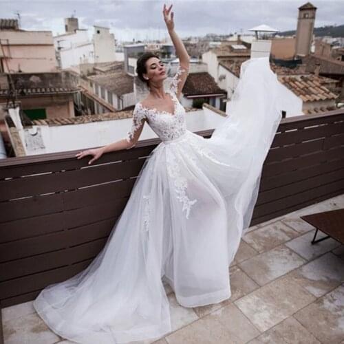 Vestido de Noiva Renda Two Piece Wedding Dress 2021 Lace Bride Gowns Dresses 3/4 Sleeve Detachable Skirt Buttons Sheath