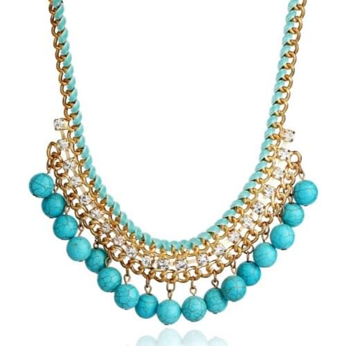 FYJS Unique Jewelry Light Yellow Gold Color Stackable Small Round Beads Green Turquoises Stone Pendant with Rhinestone Necklace