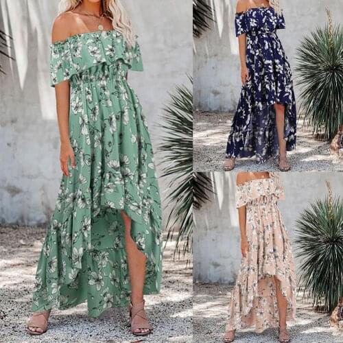 Off Shoulder Party Dresses Women Lady Floral Print High Waist Dress Short-sleeved Long Sundress Sexy Dress