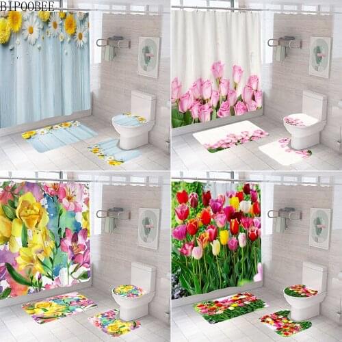 Spring Flowers Printed Bathroom Shower Curtain Waterproof Rose Pattern Toilet Cover Non-Slip Mat Carpet Bath Curtain with Hooks