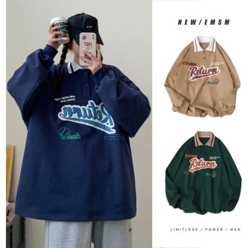 Harajuku Women Hoodie American Polo Collar Pullover Couples Students Casual Sweatshirts Autumn Letter Loose Long Sleeve Hoodies