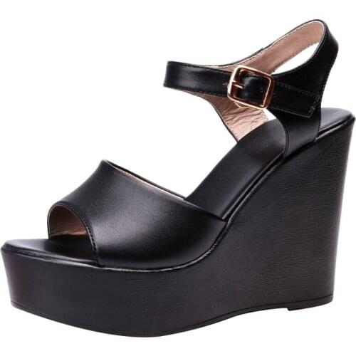 2021 New Black White Cowhide Summer Leather Slippers Increase Shoes Woman Sandals Large Size Wedges High Heel Shoe 6 / 8 / 11cm