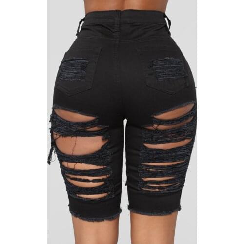 2021 New Ripped Hole Stretch Denim Shorts Women Knee Length Summer Casual Push Up High Waist Short Jeans Streetwear