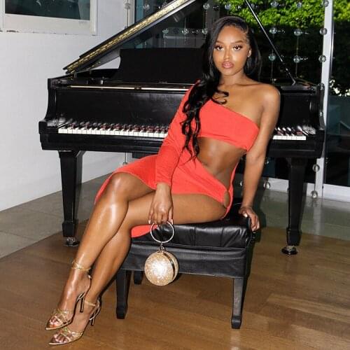 Fashion casual womens autumn 2021 new sexy solid color single sleeve navel exposed high waist slits irregular dress