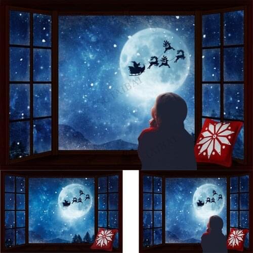 Winter Christmas Window Backdrop for Photography Merry Xmas Night Santa Sleigh Party Background Full Moon Snowflake Banner