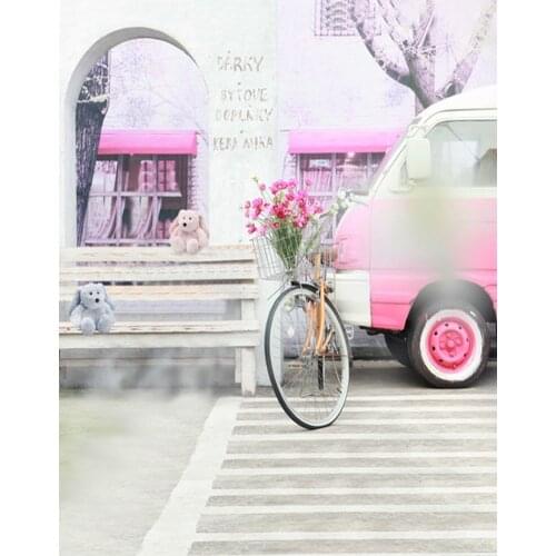 5x7ft Cute Bear Pink Car Store Road Photography Backdrops Photo Props Studio Background