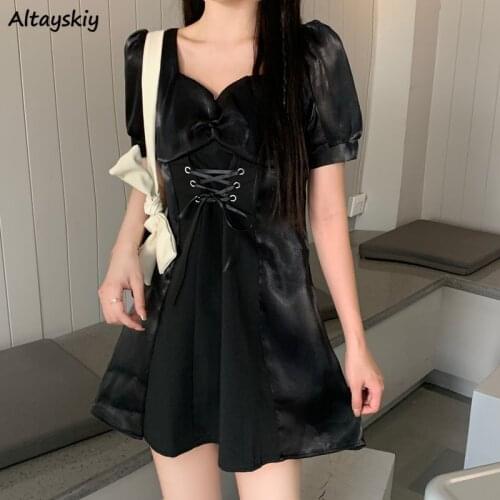 A-line Dress Women Bandage Mini Summer Sexy Slim Square Collar Harajuku Party Design Leisure Ladies Stylish Streetwear Soft Ins