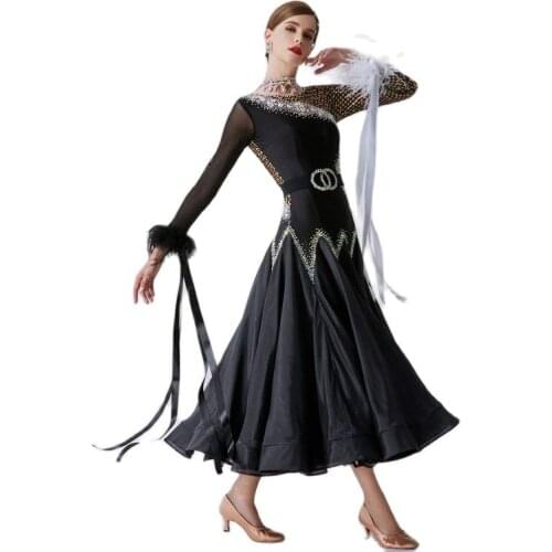 B-19447 High-end High Quality Sexy Women Girls Black Smooth Dance Competition Wear Custom Ballroom Dress With Pearl Silk
