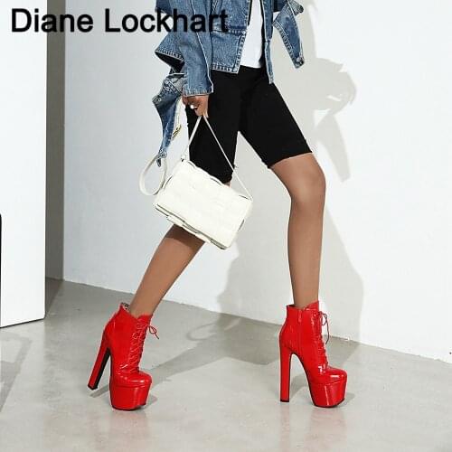 Winter Boots Women Sexy 16cm Super High Heels Platform Ankle Boots For Womens Patent Leather Lacing Fetish Shoes Woman 33 41
