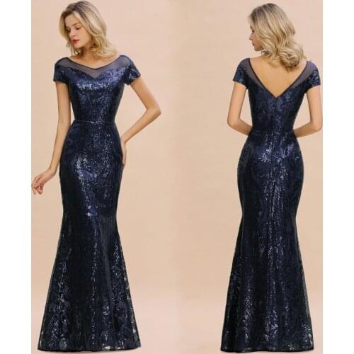 Dark Navy Mermaid Prom Dresses Long Sexy Sequins Sleeveless Gown 2020 Elegant Scoop Neck vestidos de gala