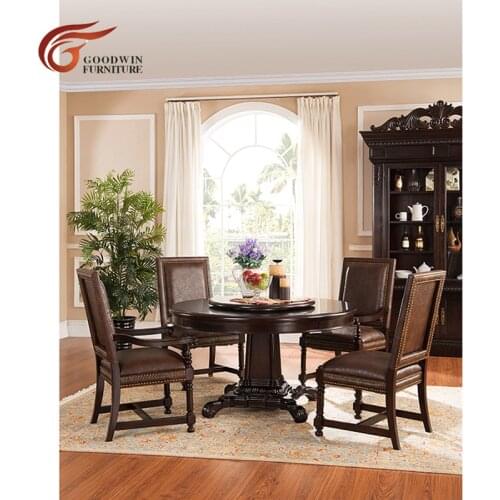 European mahogany wood round wooden dining table set круглый обеденный стол из красного дерева WA422