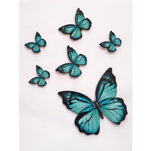 Flocking Cheap Butterfly Figured 6 Pieces Turquoise Wood Wall Sticking Ornaments