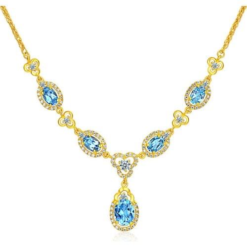 Vintage Fashion Sky Blue Topaz Necklace for Women Water Drop Shaped Pendants Neck Chain 925 Silver Jewelry Female Gifts Wholesal