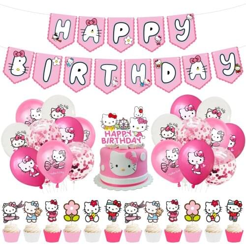 Pink Cat Latex Balloon &Kitty Ballons Flag Happy Birthday Banner Decoration Princess Baby Shower Girl Party Cake Topper Kids Toy