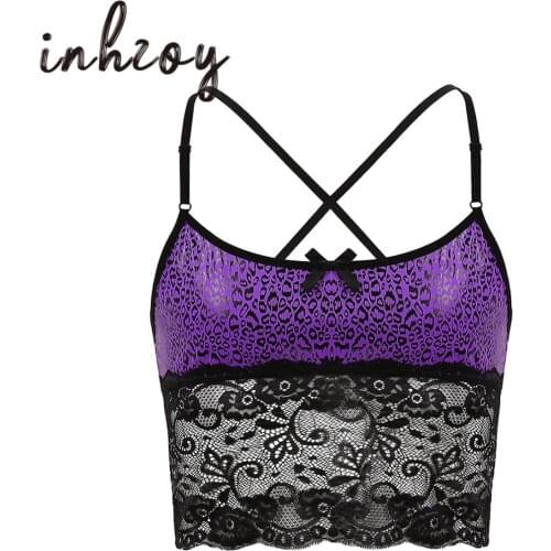 Mens Sissy Lingerie Lace Splice Leopard Printed Adjustable Straps Camisole Erotic Crop Tops Nightwear Male Sexy Gay Underwear