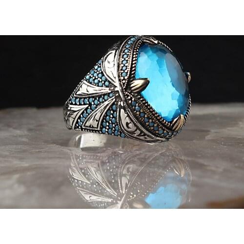 Real Sterling Silver Ring with Natural Blue Topaz or Zircon Gemstone Silver Women Ring Silver Men Ring Anniversary Gifts