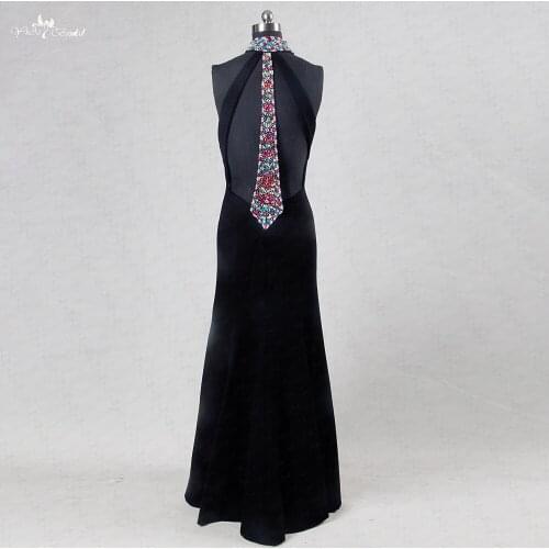 RSE740 Sexy Backless Halter Neckline Crepe Black Prom Dress Mermaid With Rhinestones