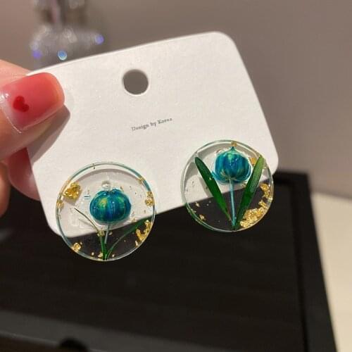 Korean Style Simple Graceful Geometric Resin Drip Flower Stud Earrings for Women Sweet Romantic Earrings Wedding Party Jewelry
