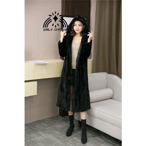 Luxury genuine real natural mink fur coat with hood women black color jacket ladies fashion outwear overcoat warm winter