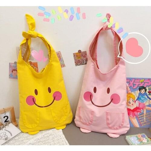 Japanese Style Kawaii Shoulder Bag Women Cartoon Smile Face Print Handbags Casual Canvas Tote Bags Women Shopper Bag Bolso Mujer