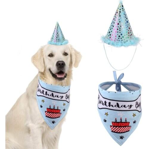 Super Soft Pet Happy Birthday Party Saliva Towel Decorative Collar Crown Set Puppy Napkin Hat Scarfs Bibs For All Pet Pink/Blue
