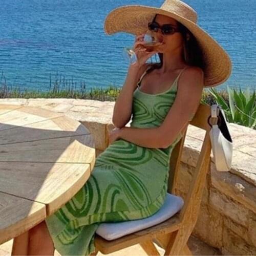 Knit Bodycon Dress Women Hollow Out Summer Dress Green Y2K Sexy Sleeveless Sweater Dresses Spaghetti Strap Beach Midi Dresses