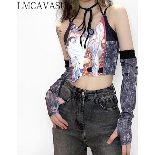 LMCAVASUN Harajuku Tie Dye Halter T-shirts Women Goth Y2K Sexy Off Shoulder Bandage T Shirt High Street Punk V Neck Spring Tops