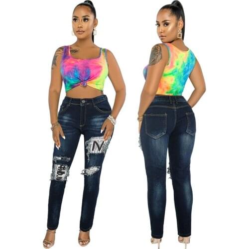 Womens Jeans Full Length MID Do Old Pencil Pants JEANS Distressed Zipper Fly LOOSE High Street Black Jeans Pants