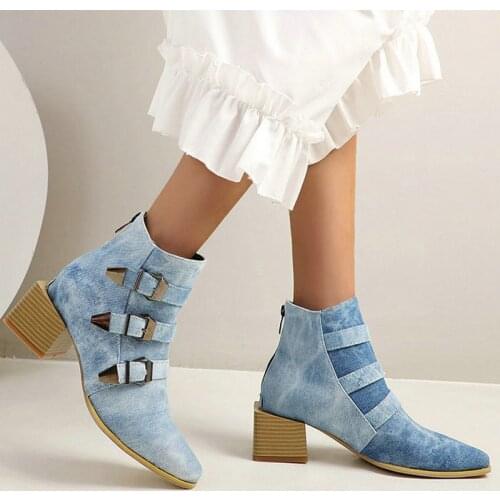 2020 New Autumn Winter Women Ankle Boots Fashion Buckle Zipper Women Western Boots Thick High Heel Ladies Shoes Big Size 34-43