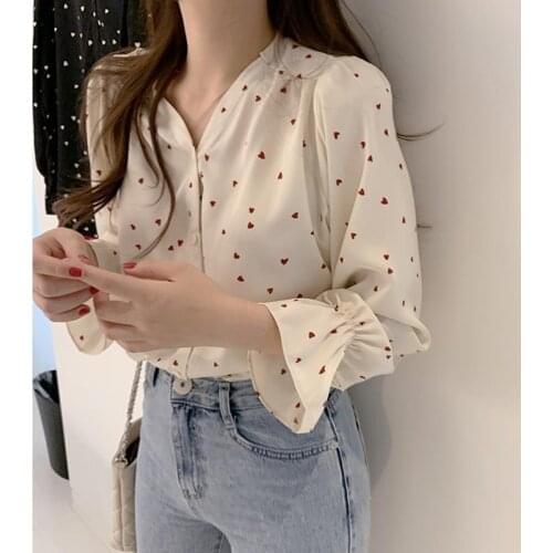 Women Spring Summer Style Chiffon Blouses Shirts Lady Casual Long Sleeve V-Neck Heart Printed Blusas Tops ZZ0806