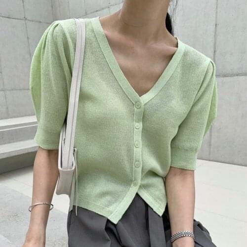 Loose Puff Sleeve Thin Cardigan Women Summer Short Sleeve Single Breasted Kniited Tops Casual All-match Cropped Top Femme