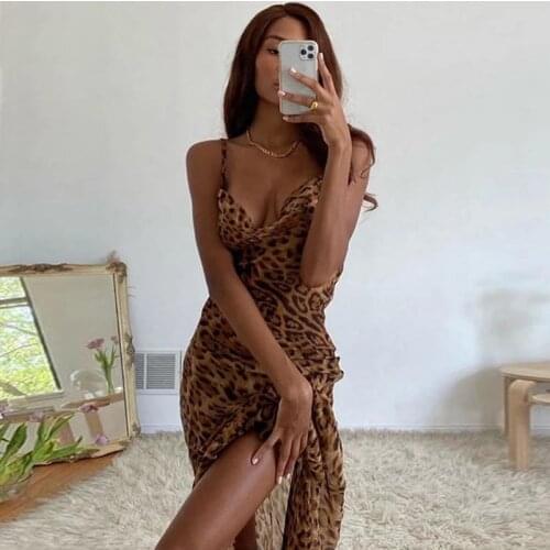 Leopard Print V-Neck Sexy Bodycon Long Dress Women Lace Up Backless Summer Dresses Female Spaghetti Straps Party Beach Vestidos