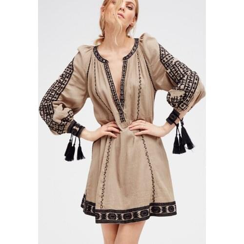 TEELYNN long sleeve mini dresses women tunic 2020 Khaki ethnic floral embroidery vintage dress vestido boho loose cover up robe