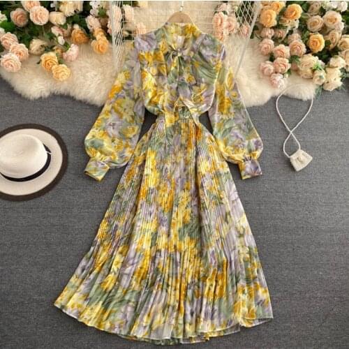 2021 Autumn Fashion Floral Print Long Dress French Vintage Pleated Chiffon Dresses Women Elegant O Neck Long Sleeve A-line Dress