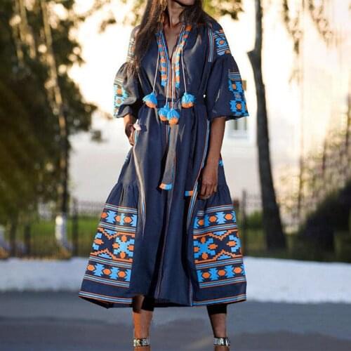 Womens Dress Vintage Floral Print Indie Folk Tassel Lantern Sleeve Ladies Long Dress Autumn Female Vacation Vestido Plus Size