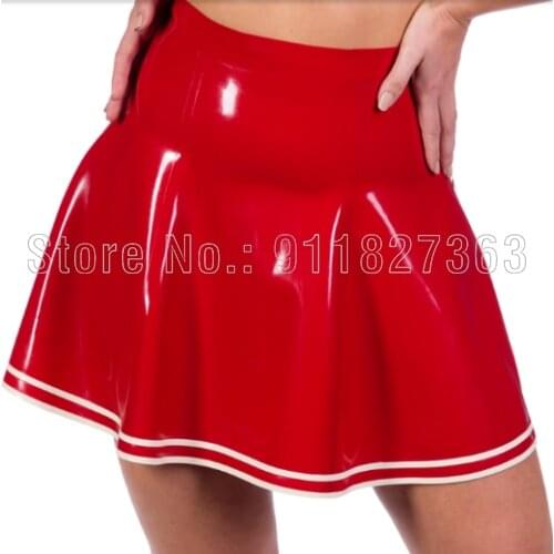 100% Natural Latex Mini Skirt Gummi Skirt Sexy Red Middle Waist Red w Ruffle Short Dress White Trims Customized