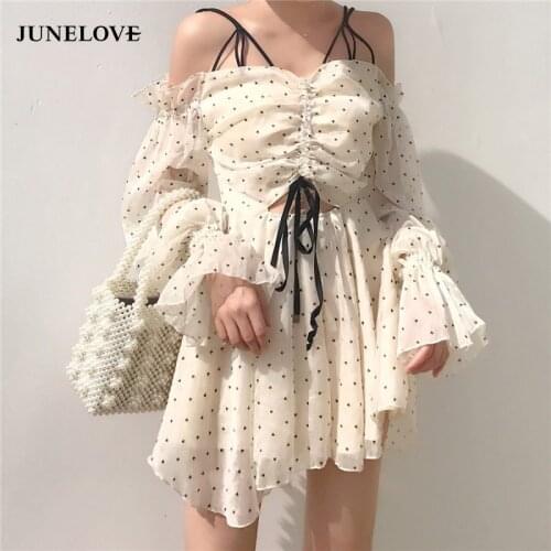 JuneLove 2020 Women Vintage Polka Dot Drawstring Draped Bodycon Mini Dress Romantic Lady Puff dress V Neck Party Sexy Dress