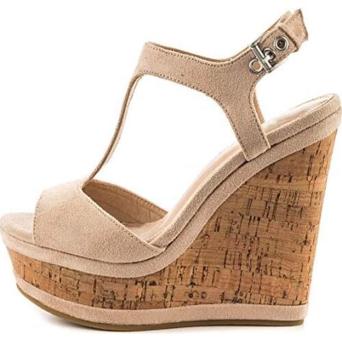 Fashion T- Strap Suede Wedge Wooden Grain Heels Sandals Gladiator High Platform Peep Toe Summer Ladies Beach Vacation Shoes
