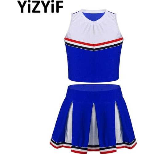 Kids Girls Cheerleader Costume Cheerleading Uniform Sleeveless Crop Top Pleated Skirt Set School Performance Cheerleader Outfit