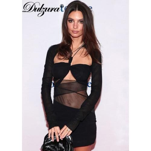 Dulzura Mesh Patchwork Hollow Out Long Sleeve Halter Mini Dress Bodycon Sexy Streetwear Party Elegant Women 2021 Summer Clothes