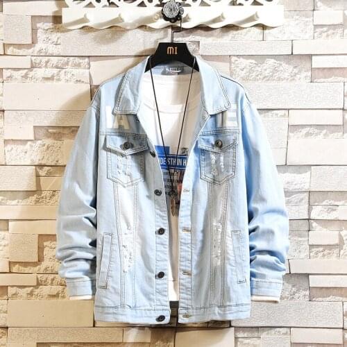 Spring Autumn Denim Jacket Mens Slim Korean Style Print Mens Coat with Holes