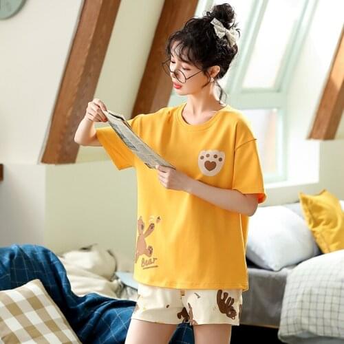 Summer Cotton Pajamas Set Yellow Short Sleeve Women T-shirts Women Short Sleeve Shorts Little Bears Print Cute Cartoon Sleepwear